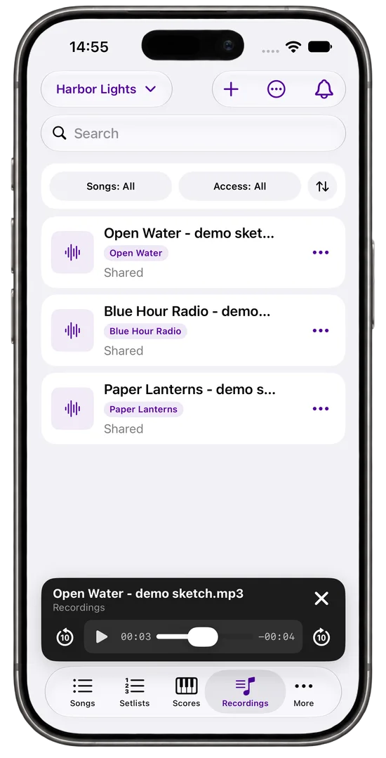 Recordings organized in Band Space on iPhone